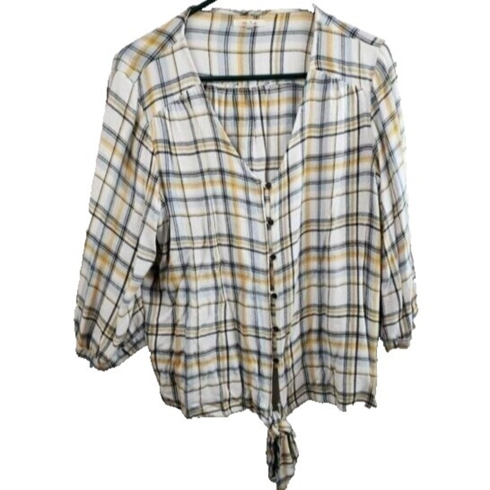 Maurices Women Top Size 1X White Yellow Plaid Tie Hem Button Up Peasant Casual
